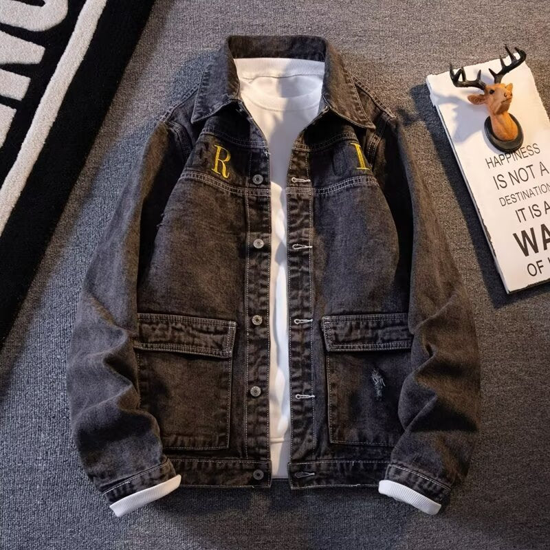 Autumn and Winter Denim Jacket Men's Korean-style Trendy Letter Printed Hong Kong-style Jacket Trendy Simple Loose Casual Denim Jacket
