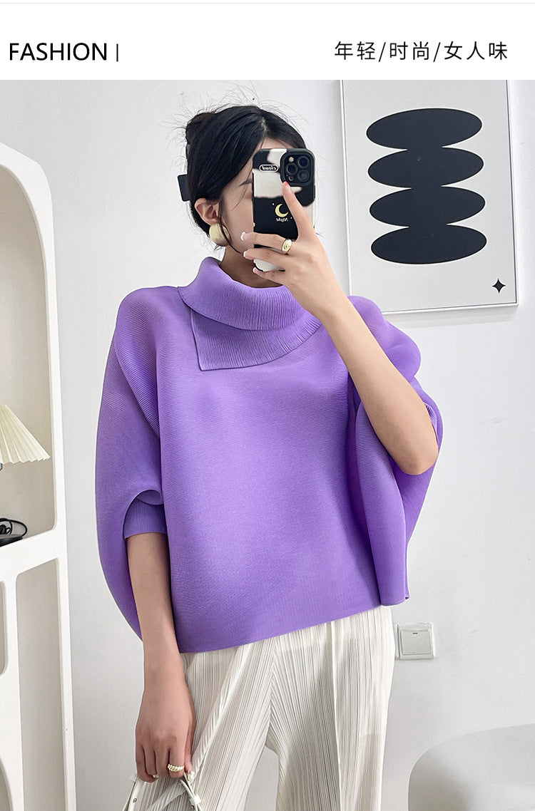 2026 Pleated Lapel Batwing Sleeve Top for Women, Spring and Autumn Style, Loose Fit, Plus Size, Long Sleeve, Pleated Solid Color Base Shirt T-Shirt