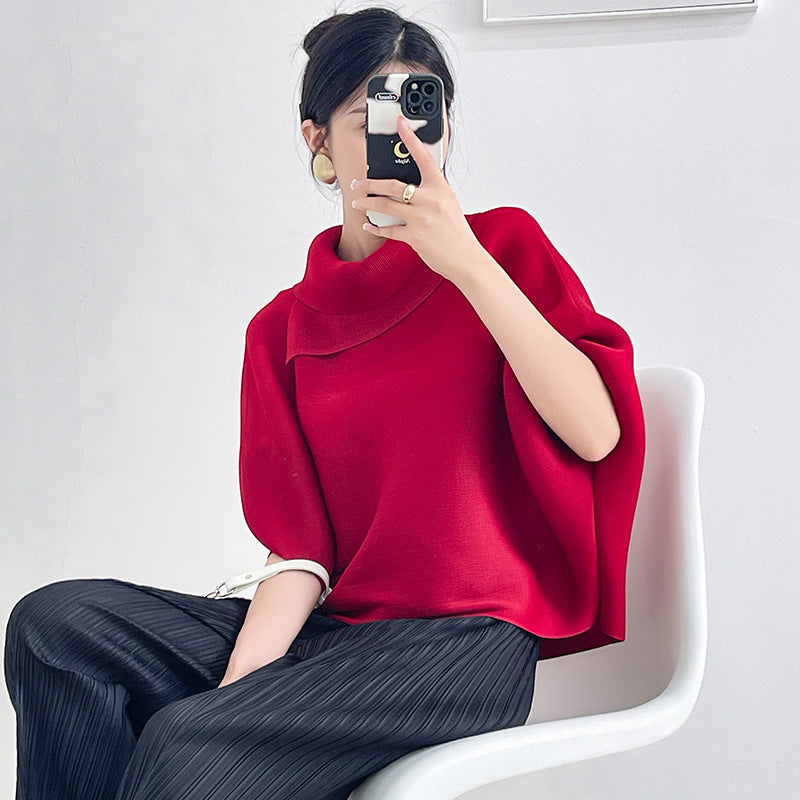 2026 Pleated Lapel Batwing Sleeve Top for Women, Spring and Autumn Style, Loose Fit, Plus Size, Long Sleeve, Pleated Solid Color Base Shirt T-Shirt