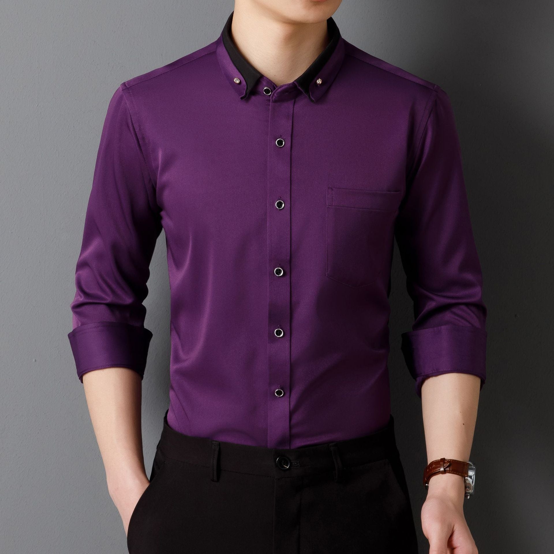 Business Shirts, Long-Sleeved Men's Shirts, No-Iron, Four-Way Stretch, Diamond Button Shirts, Men's Long-Sleeved Shirts