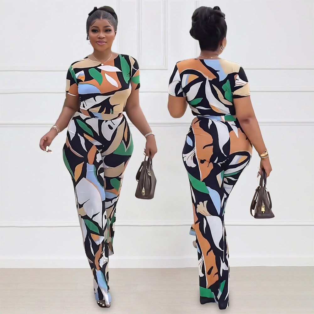 10266 Cross-border European and American Amazon Printed Slim-fit Short-sleeved Casual Elegant High Waist Pants suit Two-piece Set