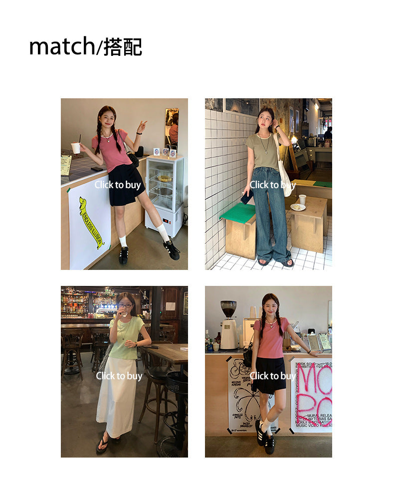 Huangyi Korean Double-Layer Collar Fake Two-Piece Short-Sleeved T-Shirt for Women 2025 Summer Short Slim Right Shoulder Top 142Th419
