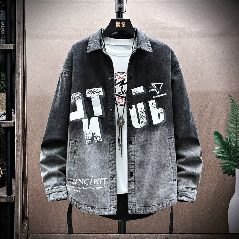 Black American Style Denim Jacket Men's Spring and Autumn New Fashion Brand Loose Printed Retro Jacket for Boys