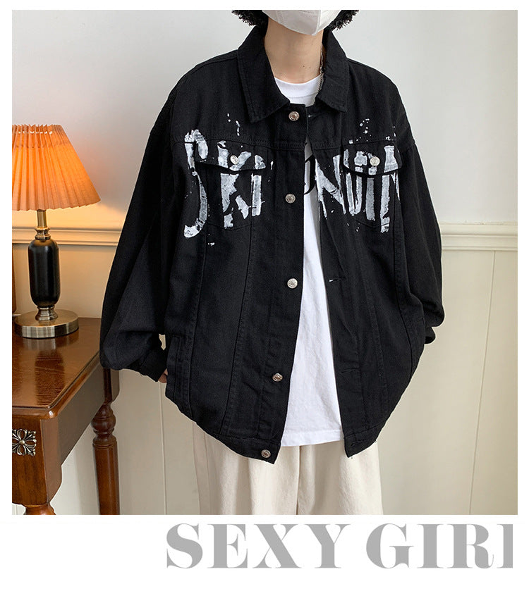 Autumn American graffiti letter printing handsome high street Denim jacket men and women couple all-match youth loose jacket