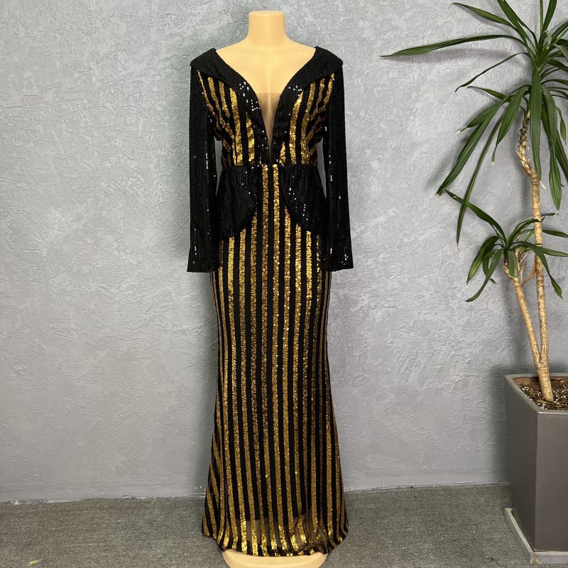 Africa Cross-border 2023 New Sequins Fashion Women's Seven-sleeve Fishtail Long Dress Sleeve Fashion Evening Wear Europe and America