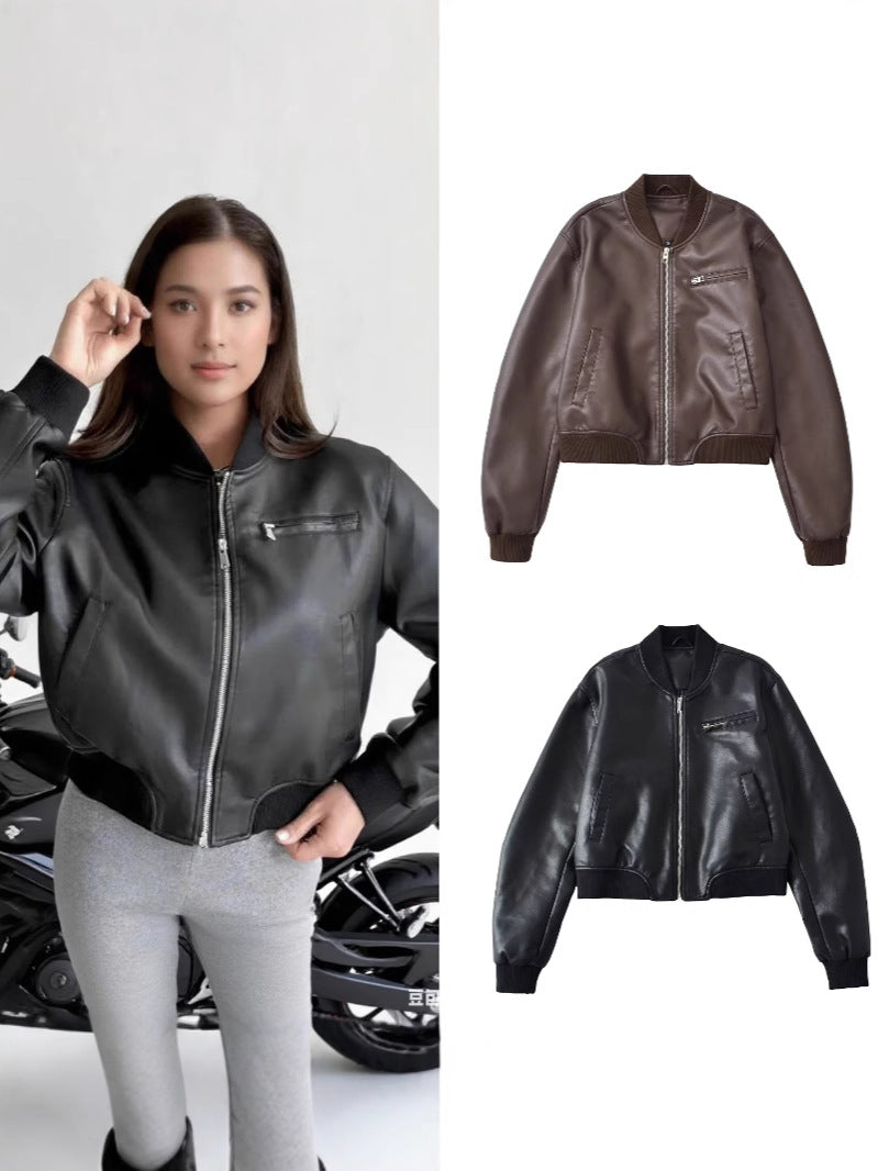 European and American Cross-Border Supply Wholesale Autumn New Hot Girl Retro Stand Collar Flight Leather Jacket for Women