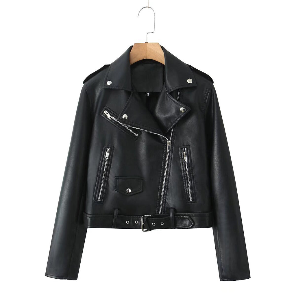 Cross-Border Wholesale European and American Motorcycle Style Pu Leather Jacket Autum New Lapel Belt Decorative Short Pu Leather Jacket for Women