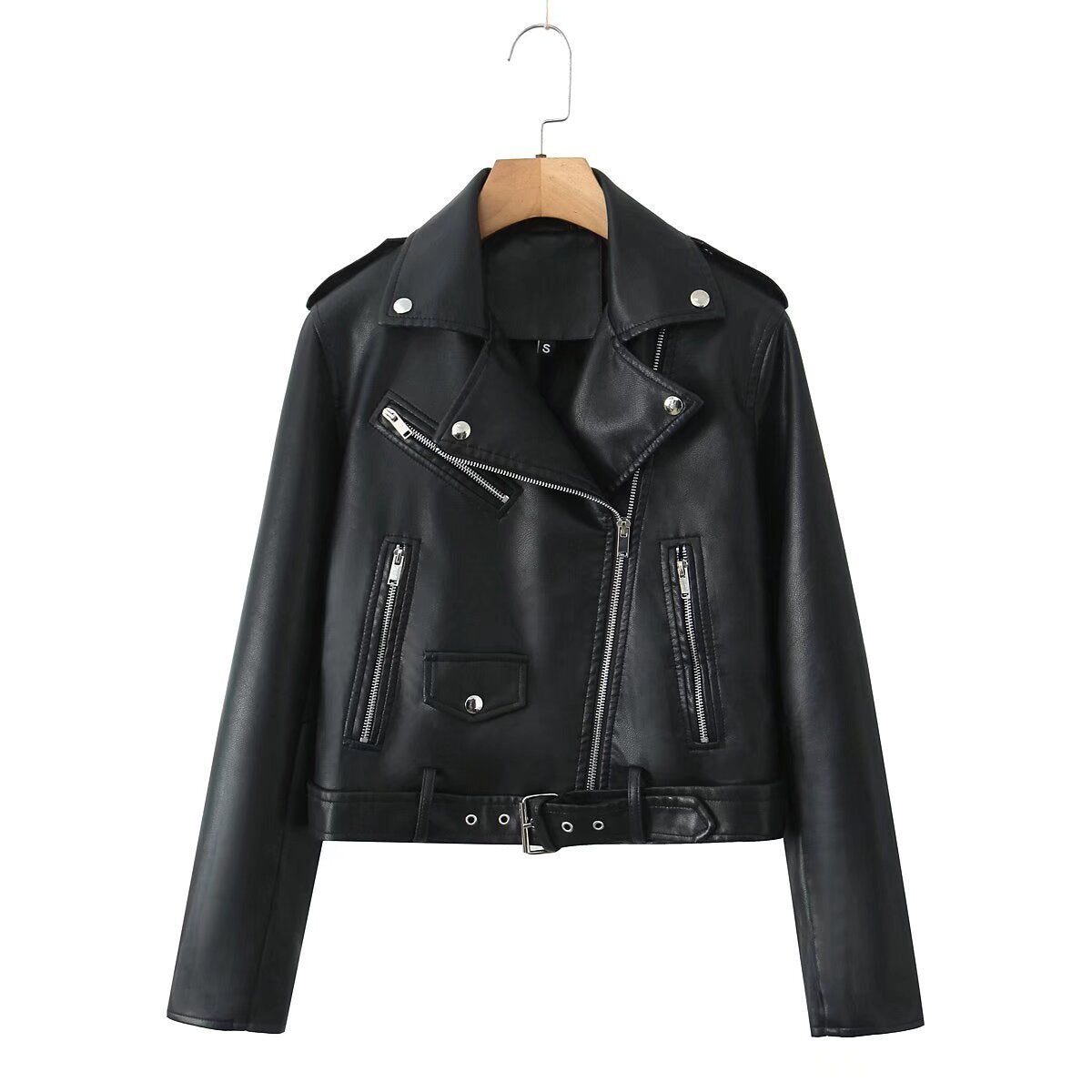 Cross-Border Wholesale European and American Motorcycle Style Pu Leather Jacket Autum New Lapel Belt Decorative Short Pu Leather Jacket for Women