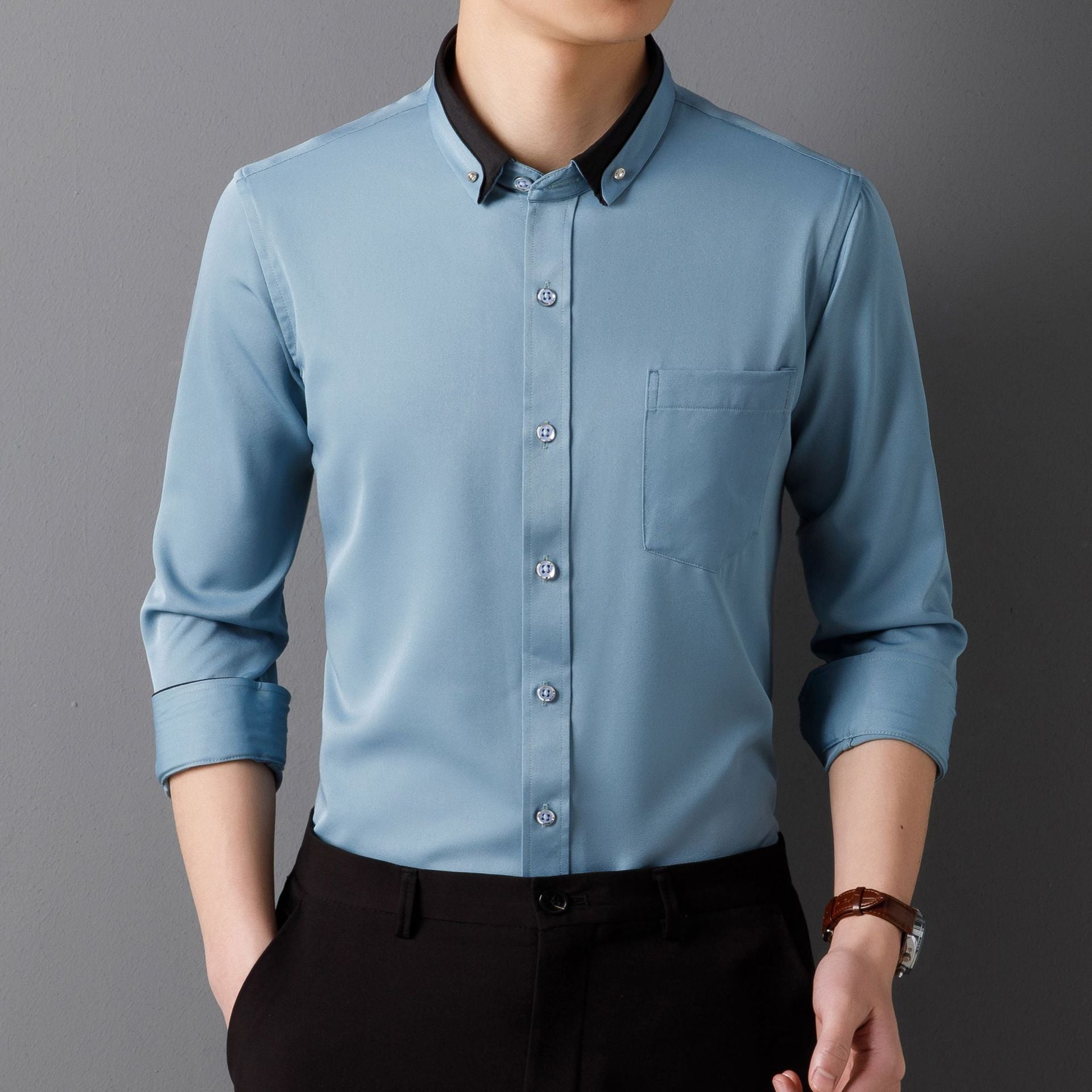 Business Shirts, Long-Sleeved Men's Shirts, No-Iron, Four-Way Stretch, Diamond Button Shirts, Men's Long-Sleeved Shirts