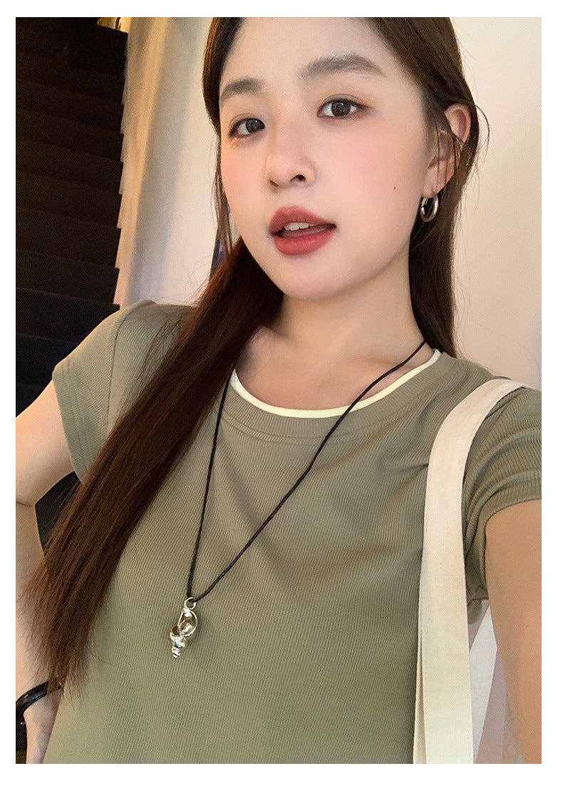 Huangyi Korean Double-Layer Collar Fake Two-Piece Short-Sleeved T-Shirt for Women 2025 Summer Short Slim Right Shoulder Top 142Th419