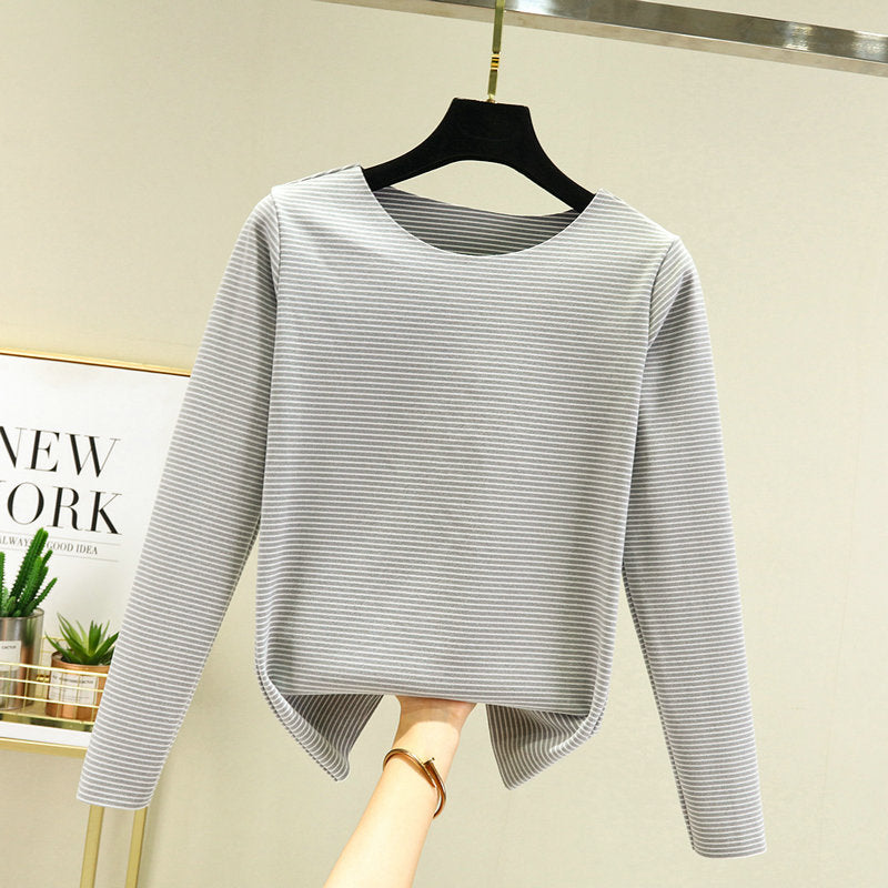 Crewneck Striped Base Shirt Women's Inner Wear Fall/Winter German Velvet 2022 New College Style Long Sleeve T-Shirt Warm Top