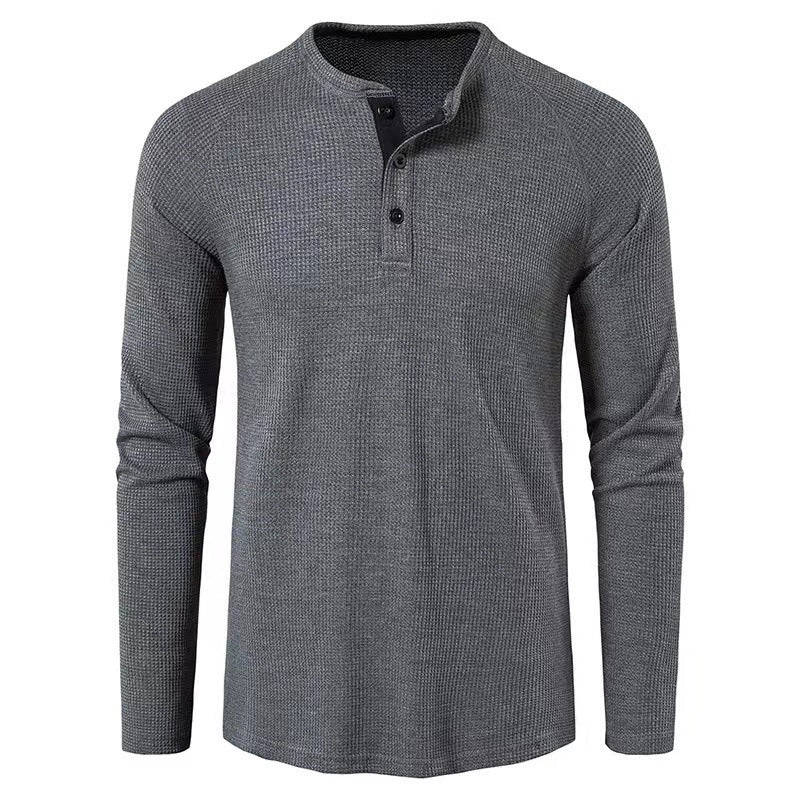 2023 Autumn and Winter Cross-border Amazon Men's T-shirt European and American Foreign Trade Men's Solid Color Long Sleeve Waffles Henry Shirt