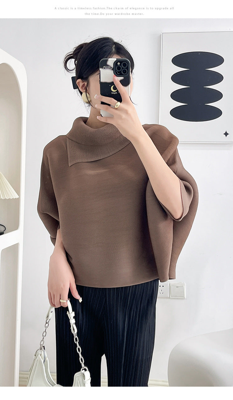 2026 Pleated Lapel Batwing Sleeve Top for Women, Spring and Autumn Style, Loose Fit, Plus Size, Long Sleeve, Pleated Solid Color Base Shirt T-Shirt