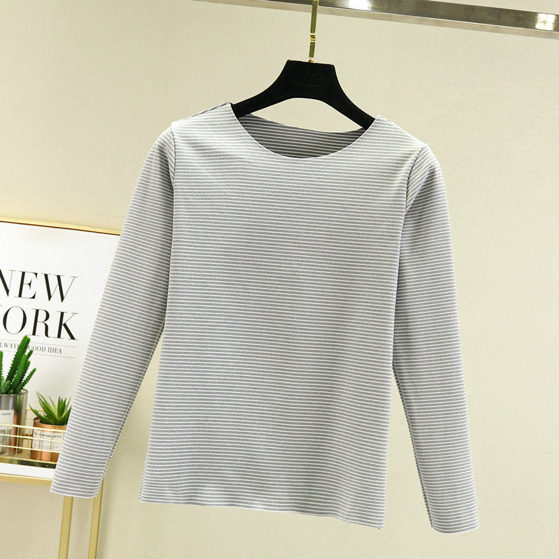 Crewneck Striped Base Shirt Women's Inner Wear Fall/Winter German Velvet 2022 New College Style Long Sleeve T-Shirt Warm Top