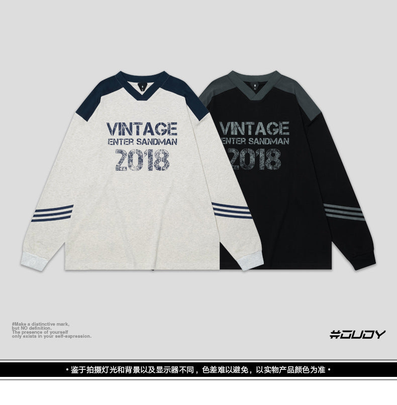 # Ovdy Autumn and Winter American Jersey Retro Letter Print New Small V-Neck Long-Sleeved T-Shirt Trendy Brand for Men and Women