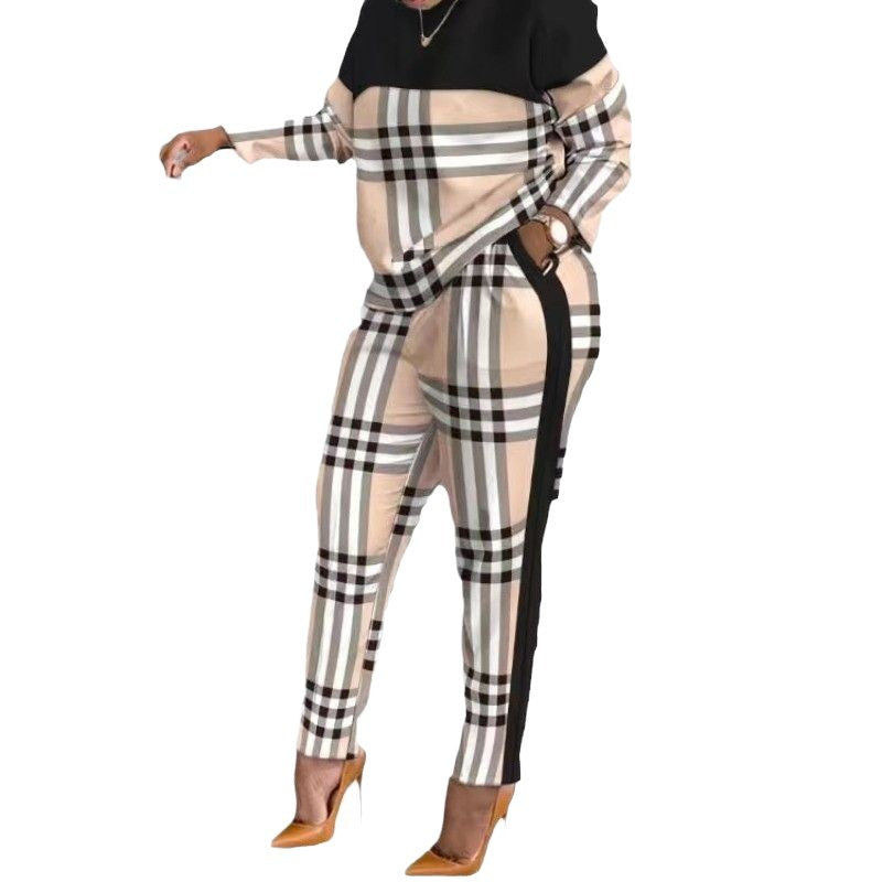 European and American Fashion Women's Contrasting Plaid Stitching Casual Suit 2024 New Cross-Border Amazon Long-Sleeved Two-Piece Set