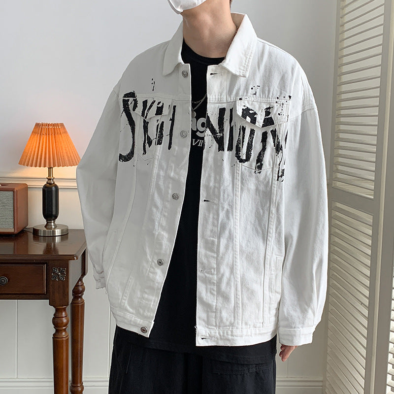 Autumn American graffiti letter printing handsome high street Denim jacket men and women couple all-match youth loose jacket