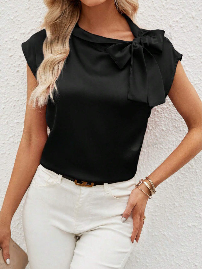 Half Open Collar Bow Satin Top Niche Design Satin Women's Clothing Amazon Cross-border European and American New T-shirt