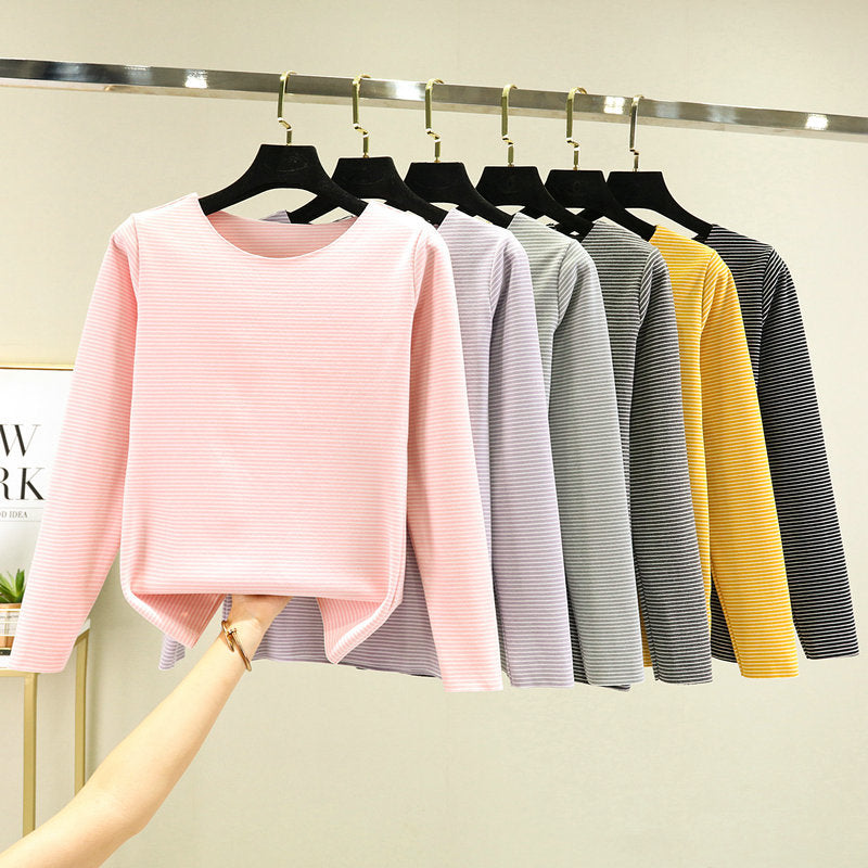 Crewneck Striped Base Shirt Women's Inner Wear Fall/Winter German Velvet 2022 New College Style Long Sleeve T-Shirt Warm Top