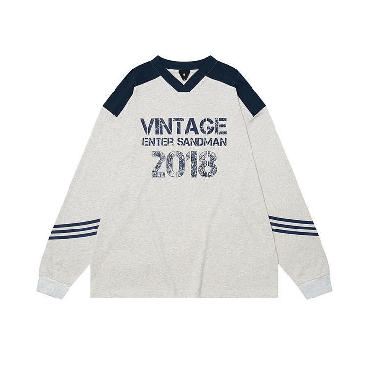 # Ovdy Autumn and Winter American Jersey Retro Letter Print New Small V-Neck Long-Sleeved T-Shirt Trendy Brand for Men and Women