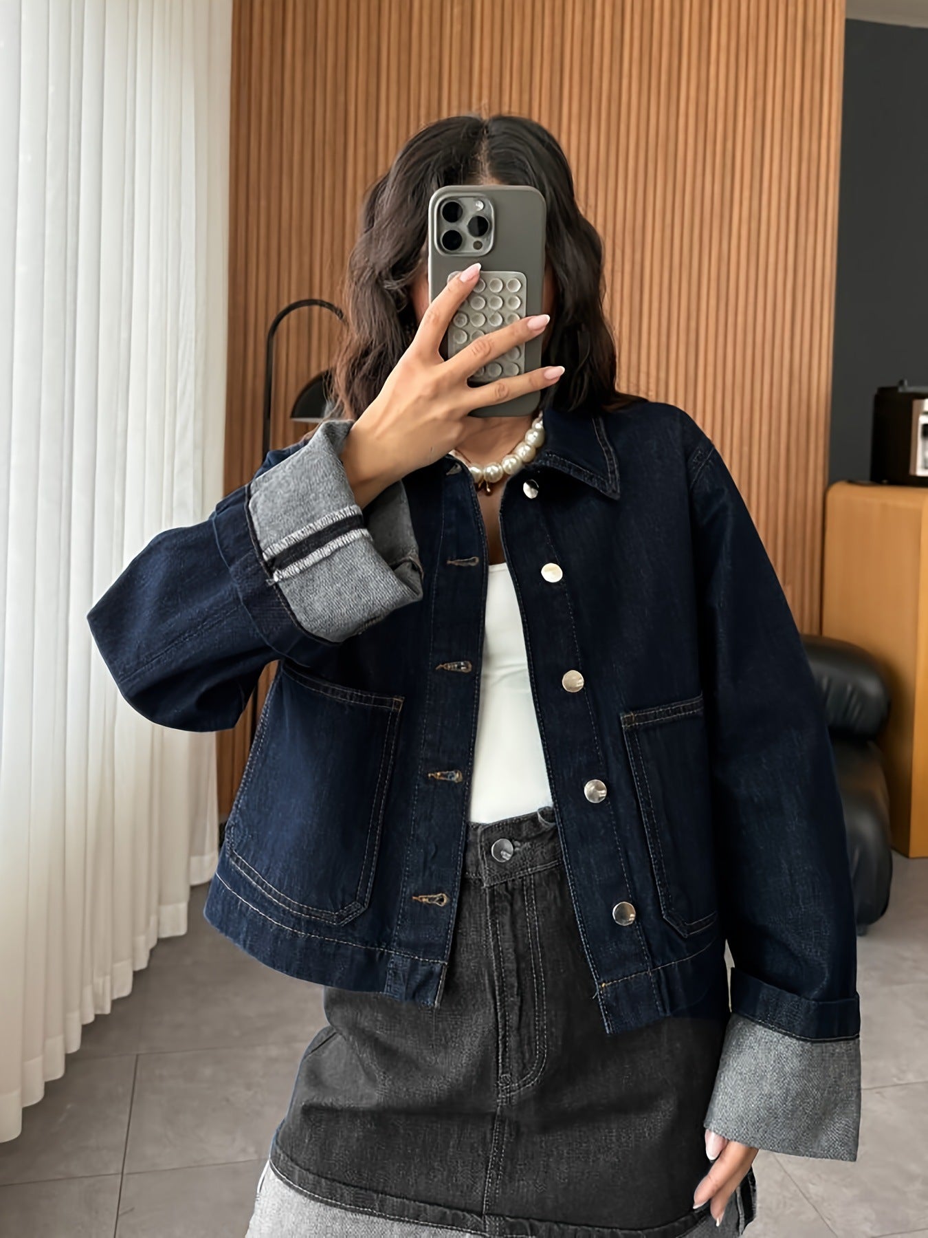 European and American Women's Original Color Denim Rolled Edge Long Sleeves Non-Elastic Casual Denim Jacket