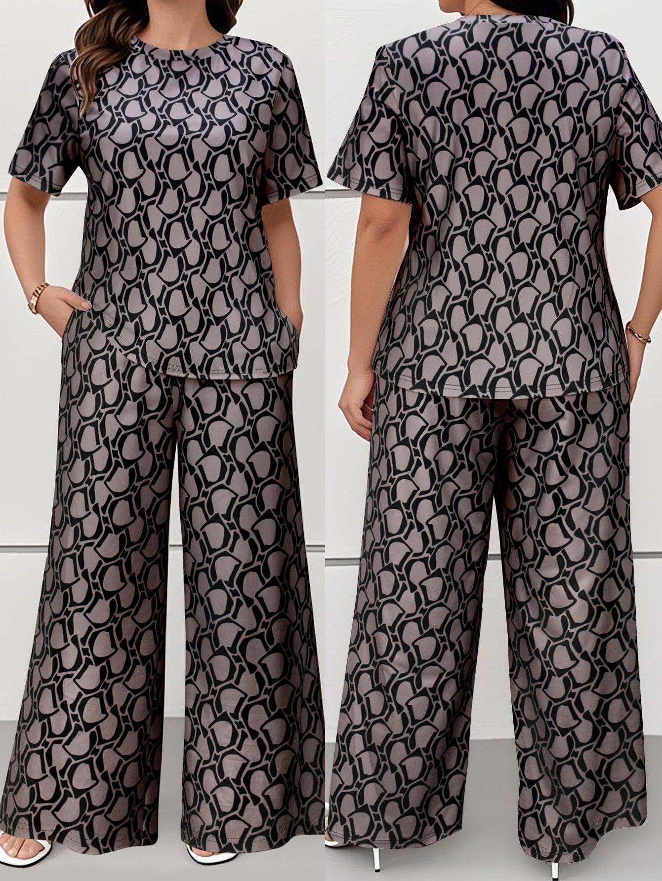 Cross-Border Amazon European and American Women's Fashion Elegant Printed Short-Sleeved Straight-Leg Pants Plus-Size Casual Suit Summer
