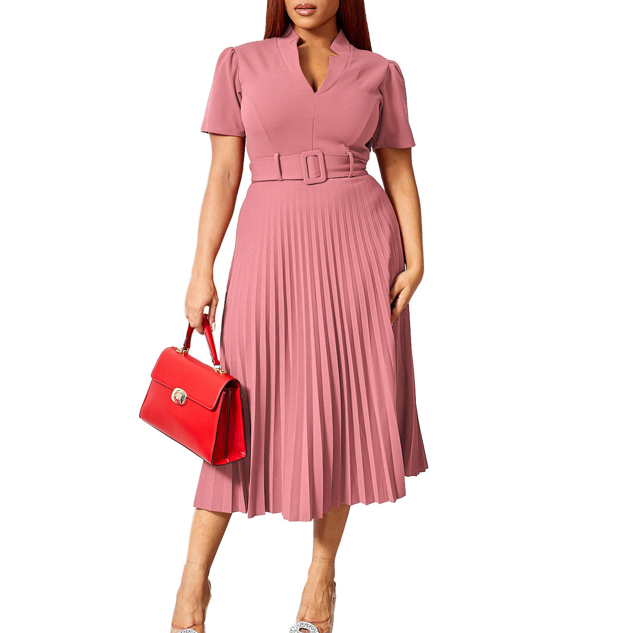 D563 Foreign Trade Cross-border Women's Clothing Summer New Short-sleeved V-neck Pleated High Waist Fashion Elegant Waist African dress