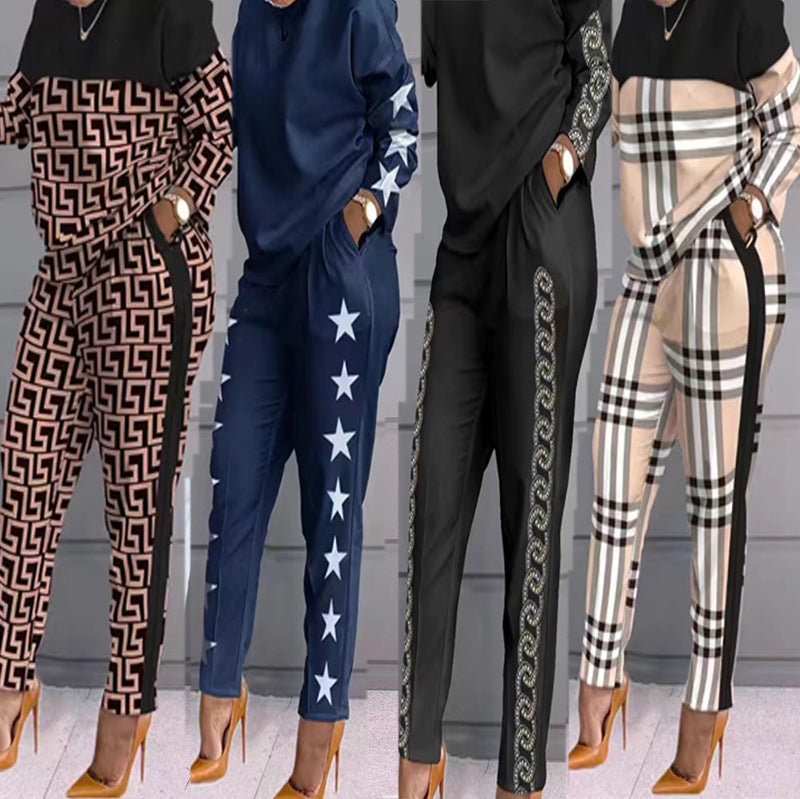 European and American Fashion Women's Contrasting Plaid Stitching Casual Suit 2024 New Cross-Border Amazon Long-Sleeved Two-Piece Set