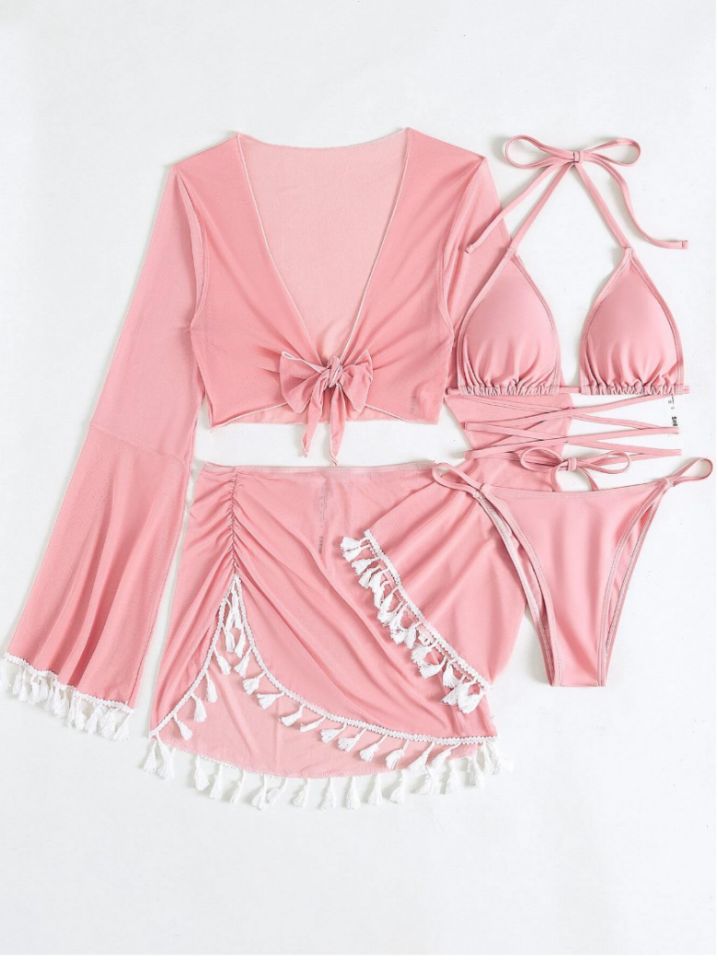 2026 Tassel Mesh Cover-Up Short Skirt Four-Piece Bikini New Thai Ins Style Cross-Border Solid Color Swimsuit for Women