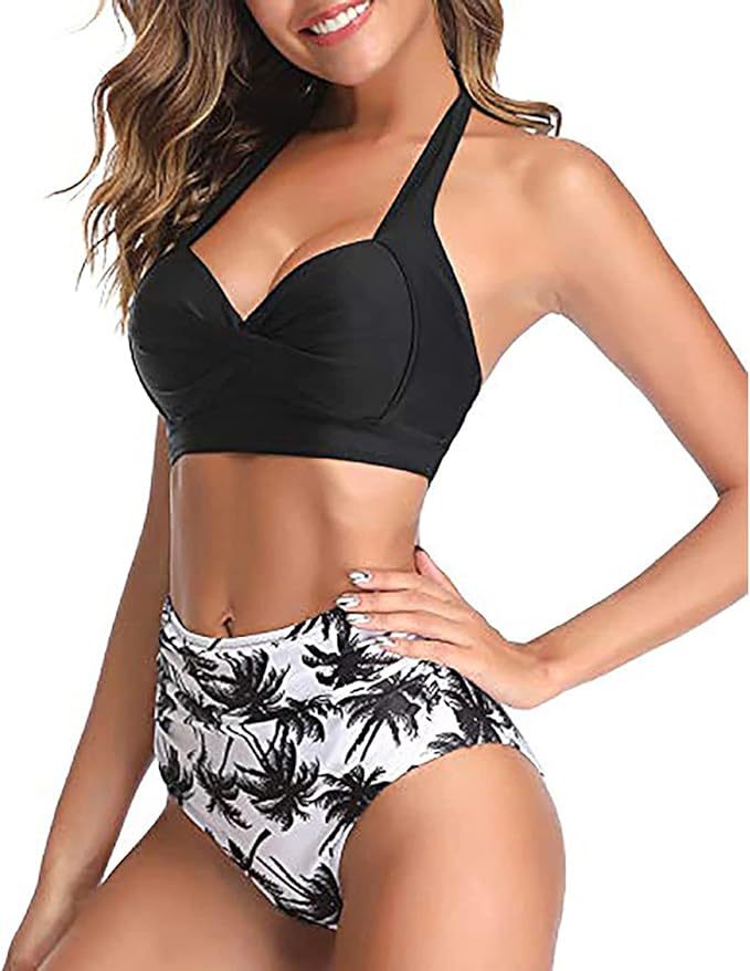 New Amazon Cross-border High Waist Neck Printed Strap Tankini Split Swimsuit European and American Slim Bikini
