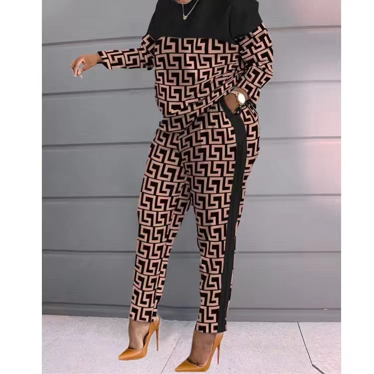 European and American Fashion Women's Contrasting Plaid Stitching Casual Suit 2024 New Cross-Border Amazon Long-Sleeved Two-Piece Set
