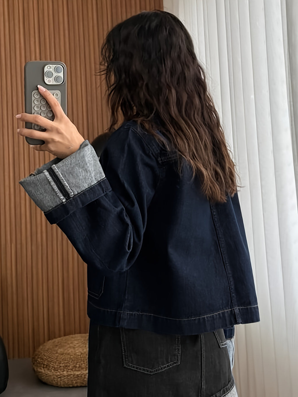 European and American Women's Original Color Denim Rolled Edge Long Sleeves Non-Elastic Casual Denim Jacket