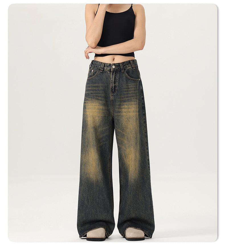 LKTM Men's# American Street Retro Mud Dyed Old Jeans Men's and Women's Trendy Brand Loose Straight Pants