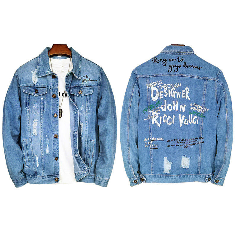 LAZADA New Foreign Trade Men's Jacket Spring and Autumn light blue Fashion Men's Slim-fit Printed Ripped Denim Jacket for Men