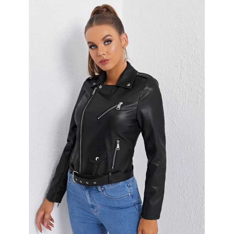 Cross-Border European and American Fashion Motorcycle-Style Pu Leather Jacket, New Autumn Model with Turn-Down Collar and Belt Decoration, Short Pu Leather Coat for Women