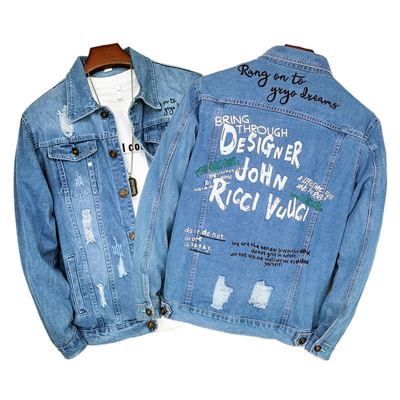 LAZADA New Foreign Trade Men's Jacket Spring and Autumn light blue Fashion Men's Slim-fit Printed Ripped Denim Jacket for Men