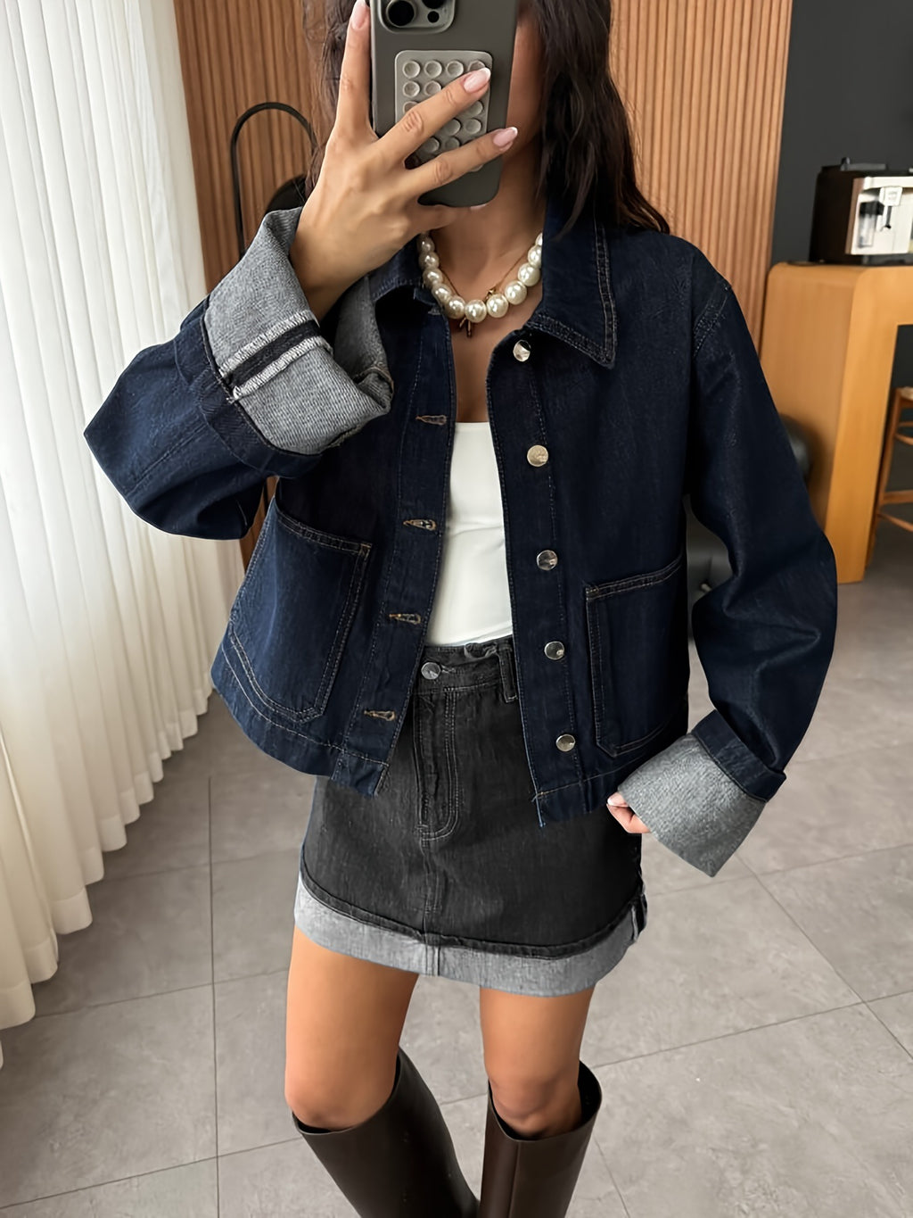European and American Women's Original Color Denim Rolled Edge Long Sleeves Non-Elastic Casual Denim Jacket