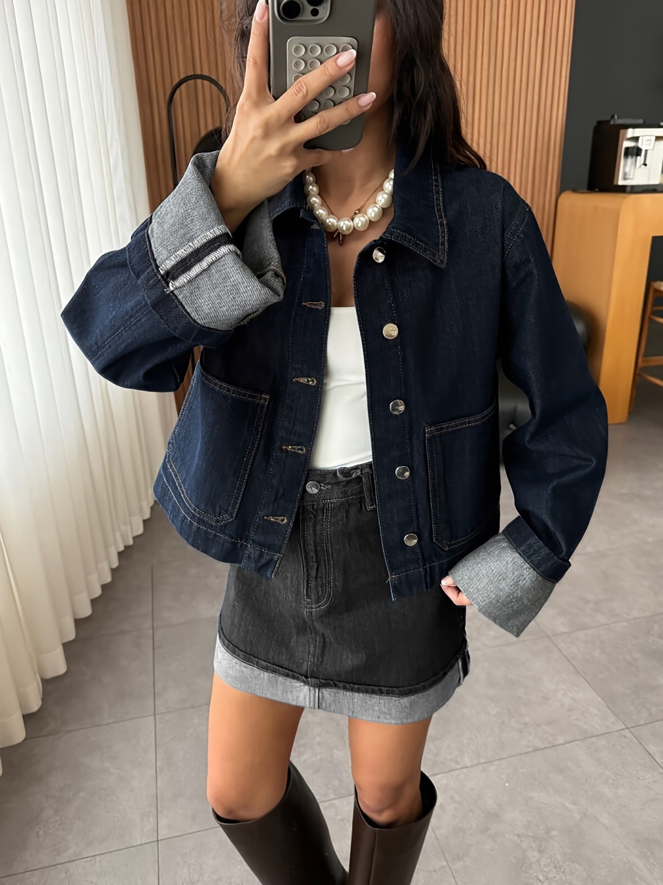 European and American Women's Original Color Denim Rolled Edge Long Sleeves Non-Elastic Casual Denim Jacket