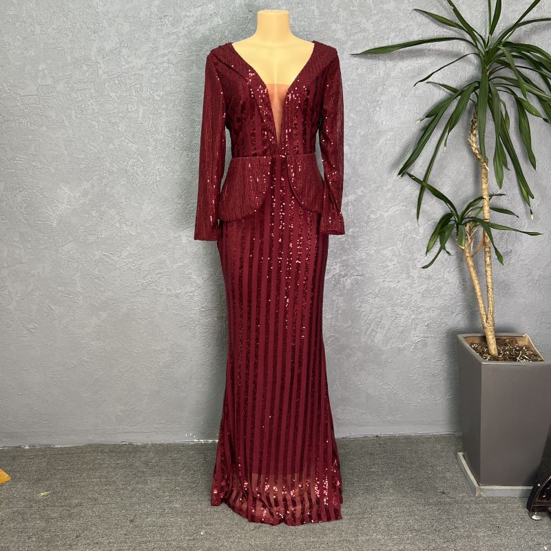 Africa Cross-border 2023 New Sequins Fashion Women's Seven-sleeve Fishtail Long Dress Sleeve Fashion Evening Wear Europe and America