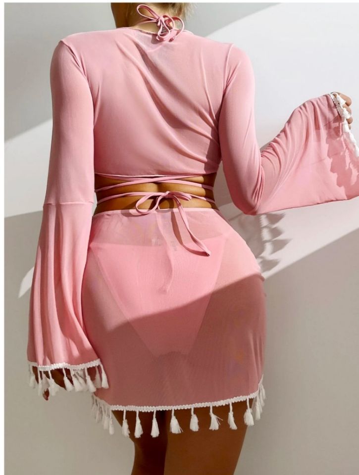 2026 Tassel Mesh Cover-Up Short Skirt Four-Piece Bikini New Thai Ins Style Cross-Border Solid Color Swimsuit for Women