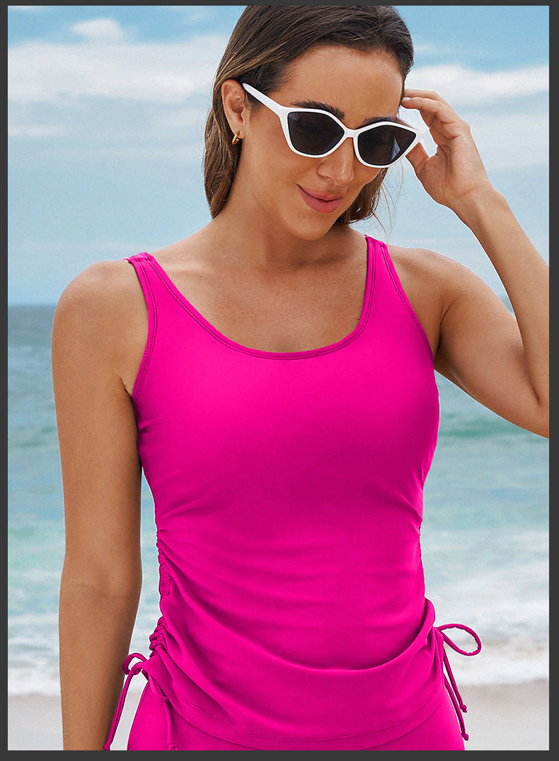 Trendy European and American Tankini Women's Solid Color Sleeveless Adjustable Strap Solid Color with Chest Pad Single Piece Women's Swimwear Top