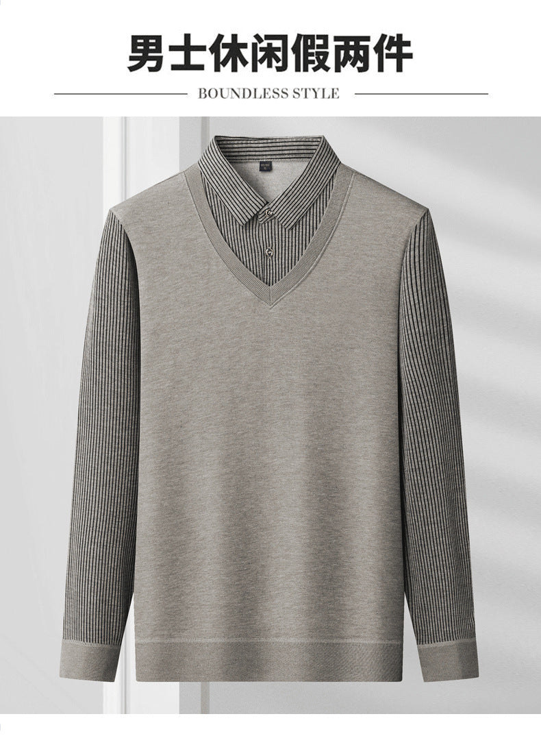 Spring, autumn and winter fashion fake two-piece long-sleeved T-shirt men's trendy casual shirt shirt collar personalized bottoming shirt top