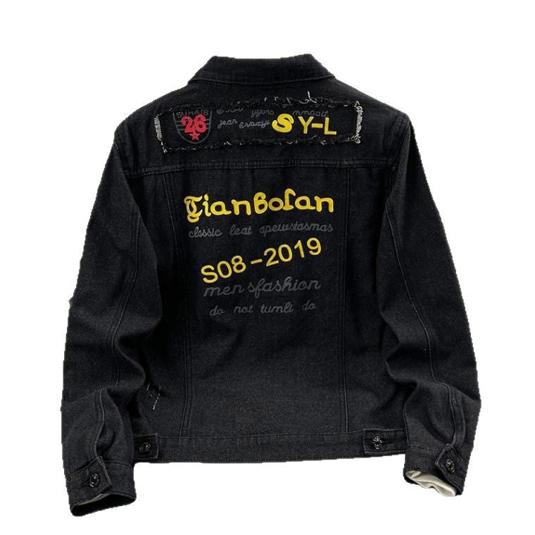 2025 Black Denim Jacket Men's Spring and Autumn Korean Style Trendy Retro Jacket Trendy Brand Letter Print Jacket