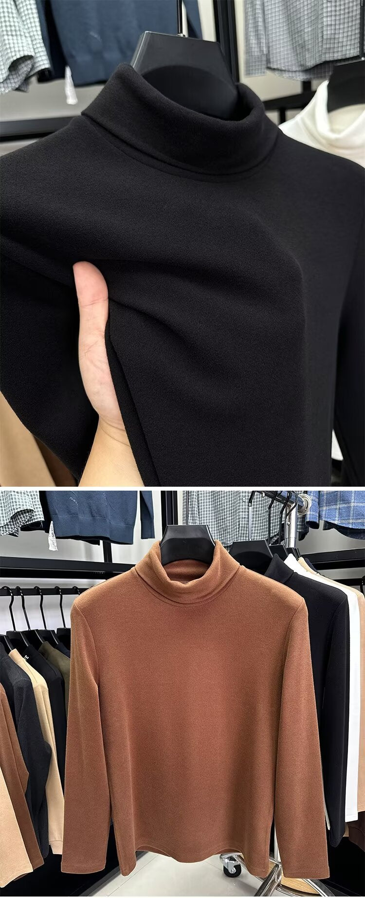 Fleece High Collar Base Shirt Men's Autumn and Winter Thickened Warm Top Double-sided Fleece Slim-fit Sweater Men's High-end Long-sleeved T-shirt