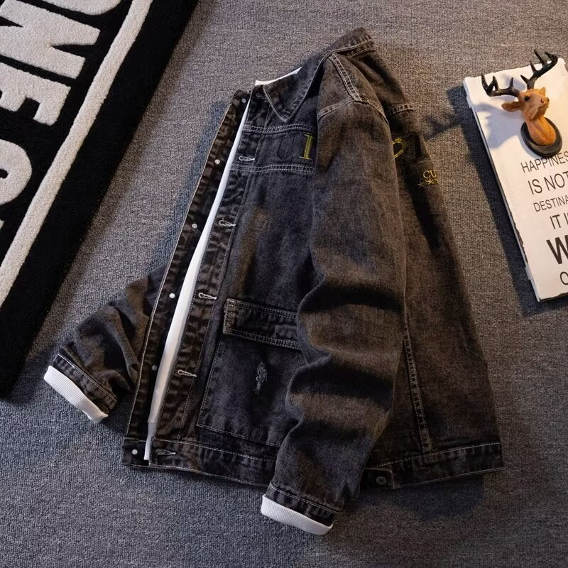 Autumn and Winter Denim Jacket Men's Korean-style Trendy Letter Printed Hong Kong-style Jacket Trendy Simple Loose Casual Denim Jacket