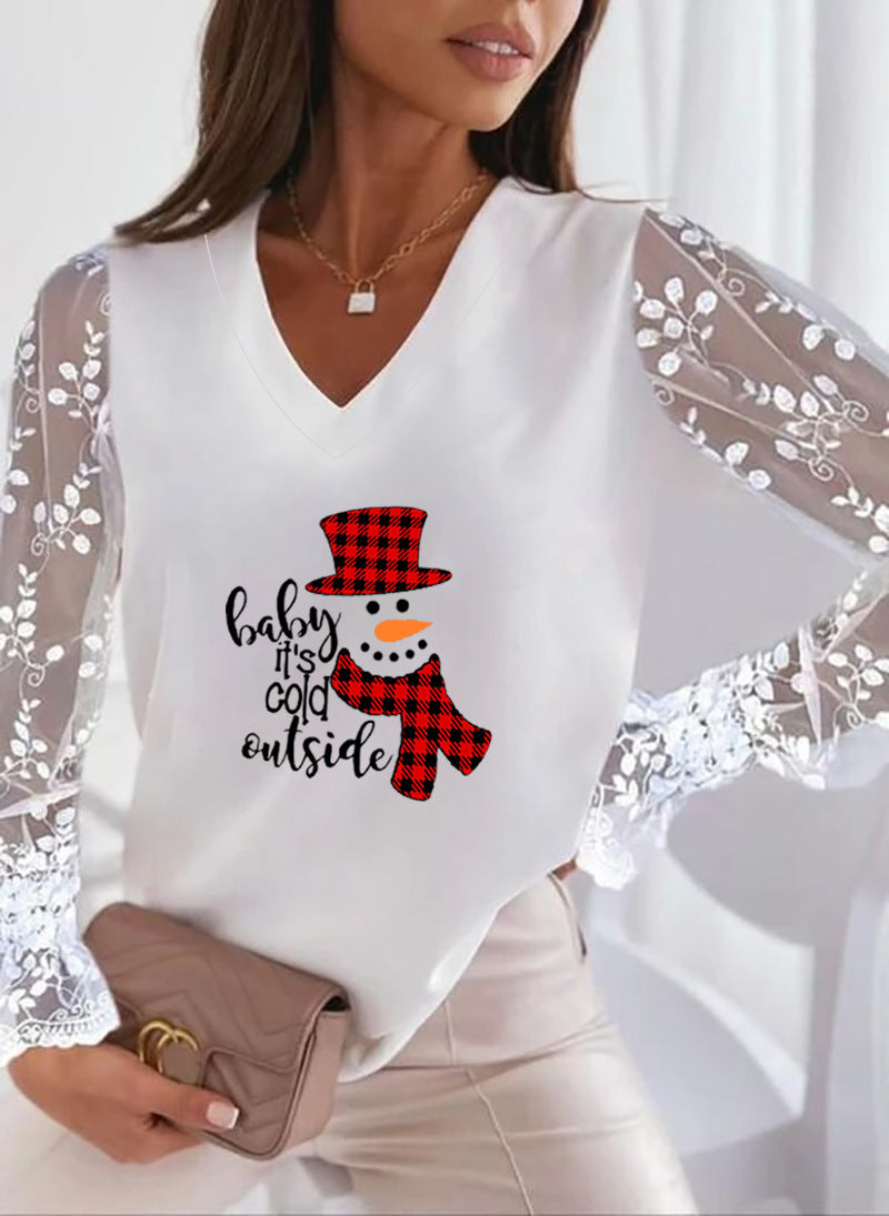 Autumn and Winter New Christmas Personalized Print European and American Cross-border Lace All-match Long-sleeved Women's T-shirt Top