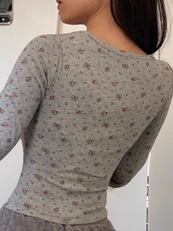 Floral Square Neck Long-Sleeved T-Shirt Bottoming Shirt for Women Autumn and Winter 2025 New Design Niche Slimming Look Tops