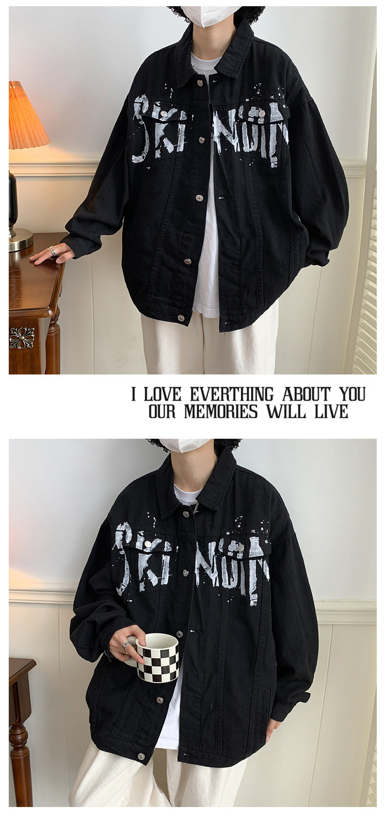 Autumn American graffiti letter printing handsome high street Denim jacket men and women couple all-match youth loose jacket