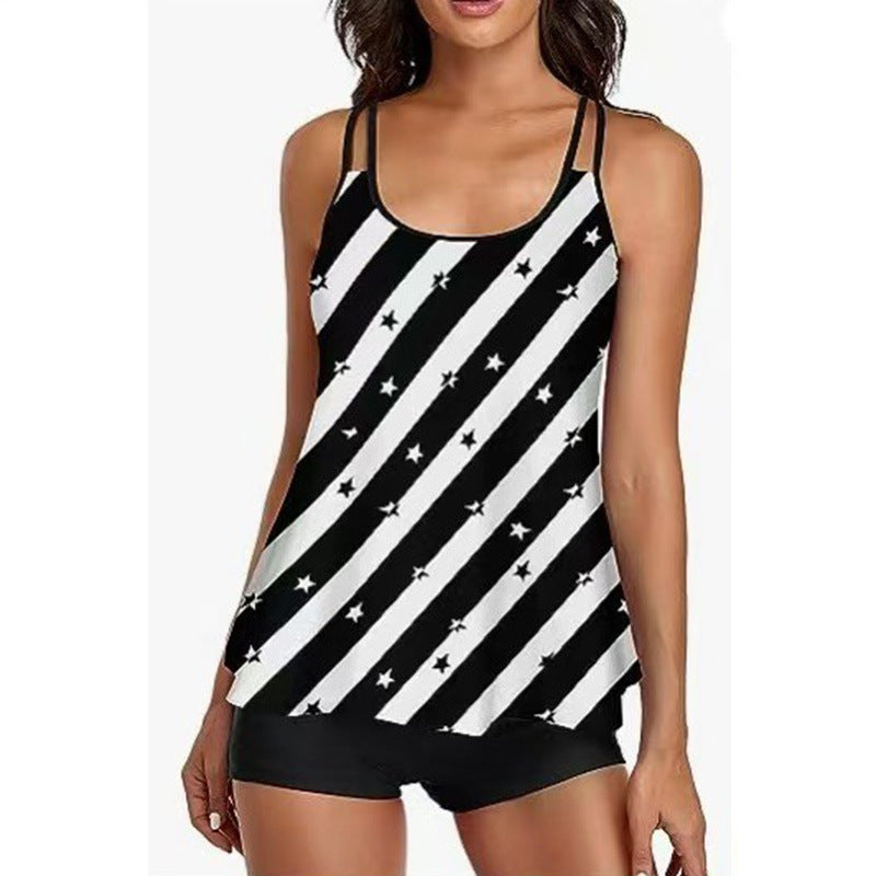 European and American Hot Sale plus size Split Swimsuit Women's Cross-border Camisole Flat-angle Swimsuit Tankini Loose Printed Swimsuit