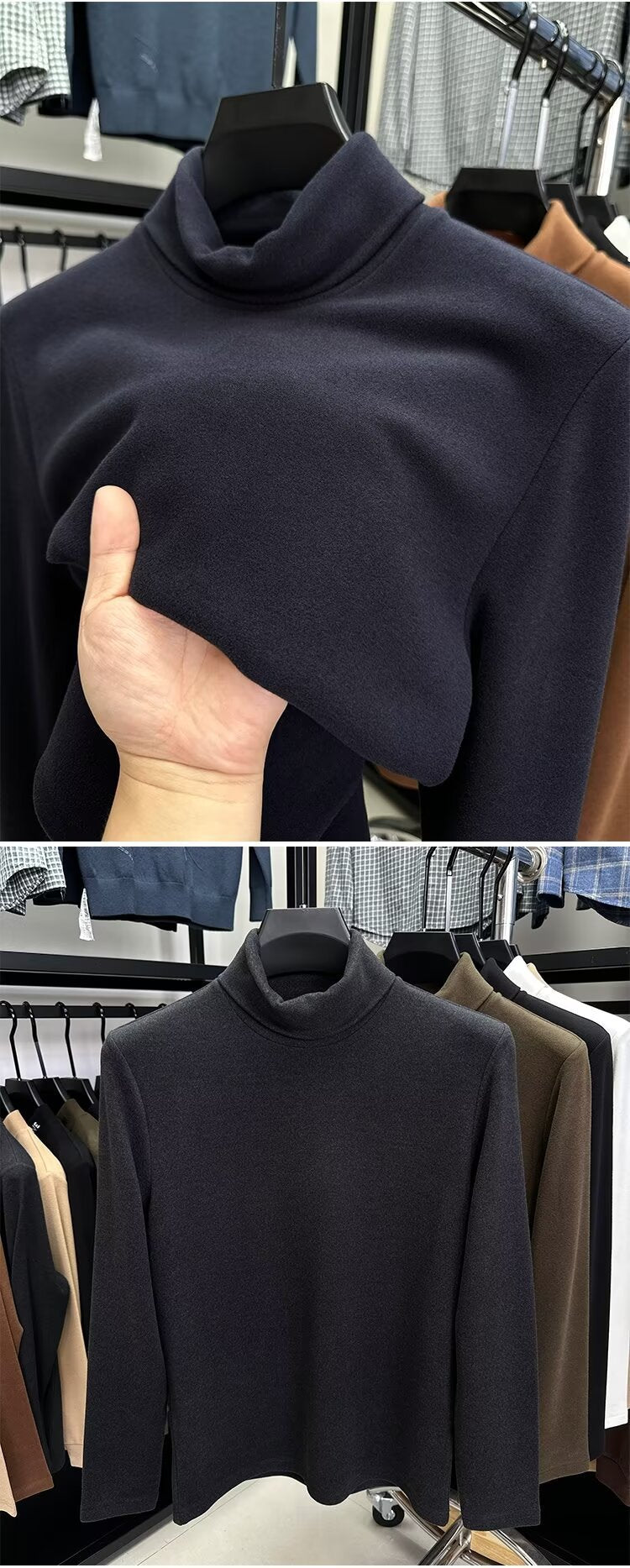 Fleece High Collar Base Shirt Men's Autumn and Winter Thickened Warm Top Double-sided Fleece Slim-fit Sweater Men's High-end Long-sleeved T-shirt